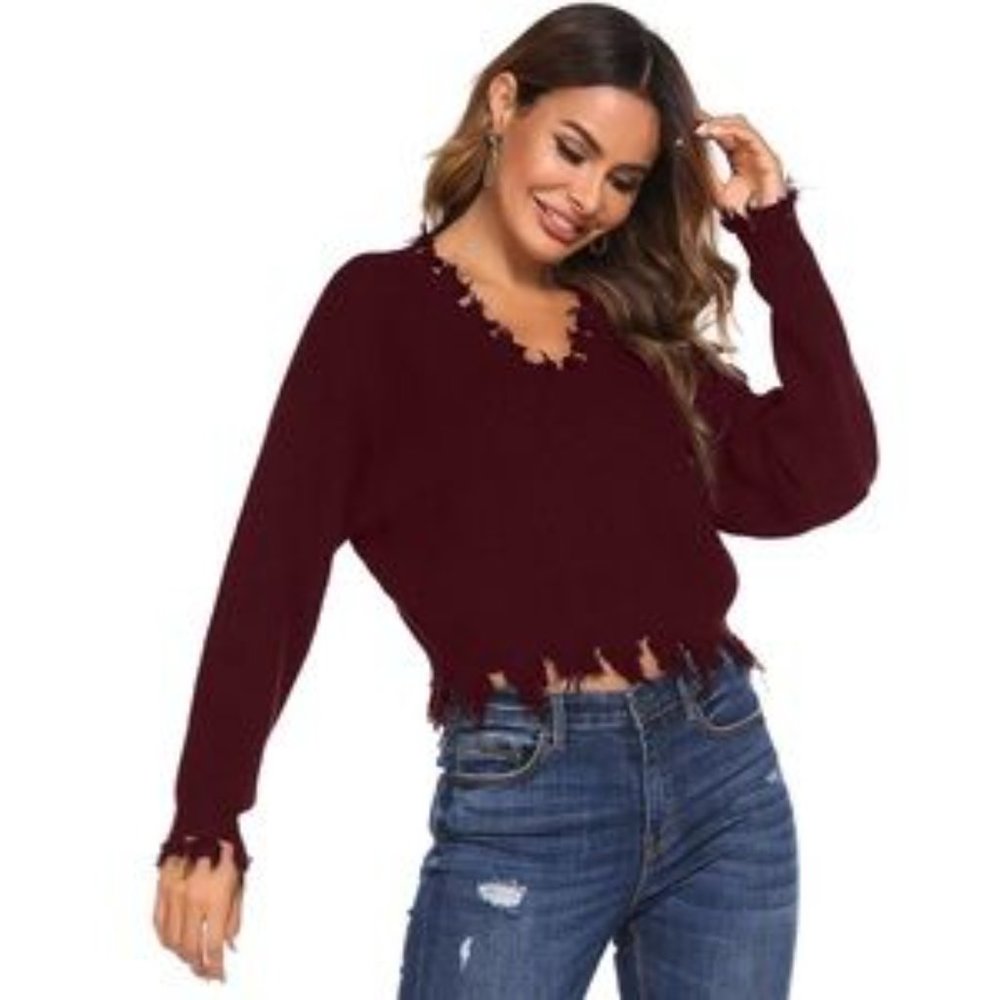 Zaful Distressed Frayed Hem Cropped Sweater